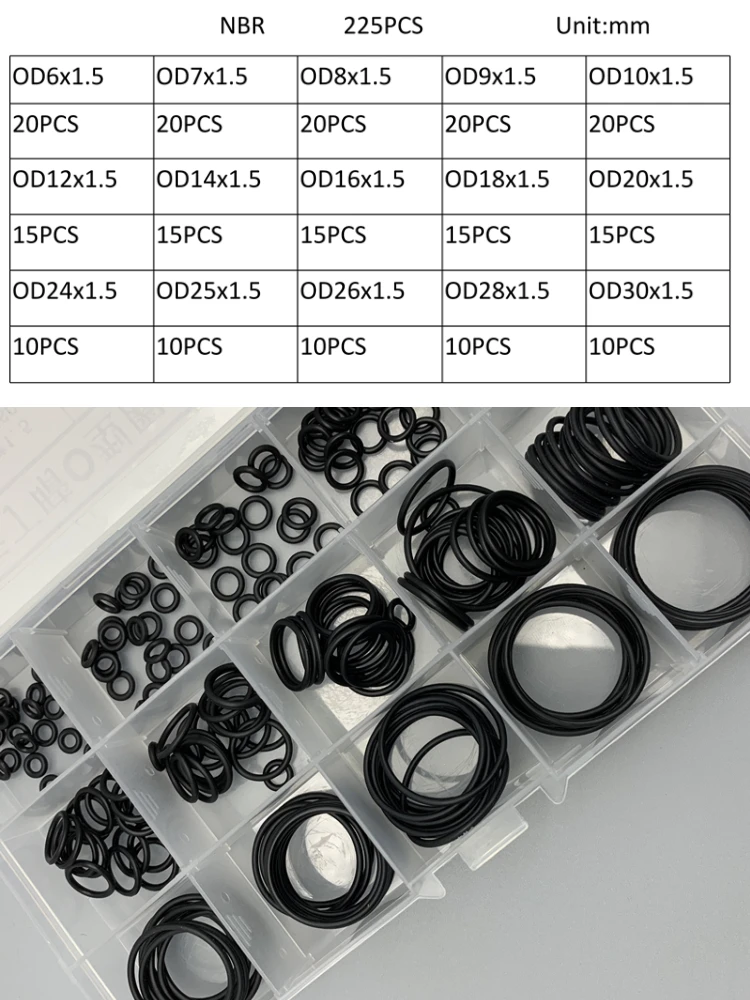 225개 OD 6-30mm NBR O링 키트 내마모성  - Auto Repair Cs 리뷰 및 가격